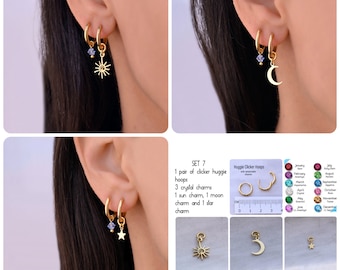 Celestial Hoops, Small Hoop Earrings with Charm, Hoop Earring Set, Gold Small Boho Hoop Earrings, mix match huggie hoop earring set