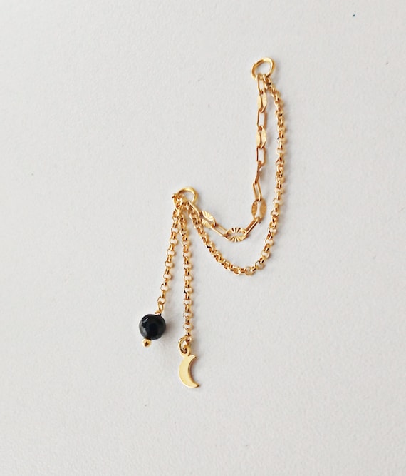 Dangle Gold Earring Chain Moon Charm, Earring Chain, Helix Chain, Cartilage Chain Piercing, Connector Earring Attatchment, Hoop with chain