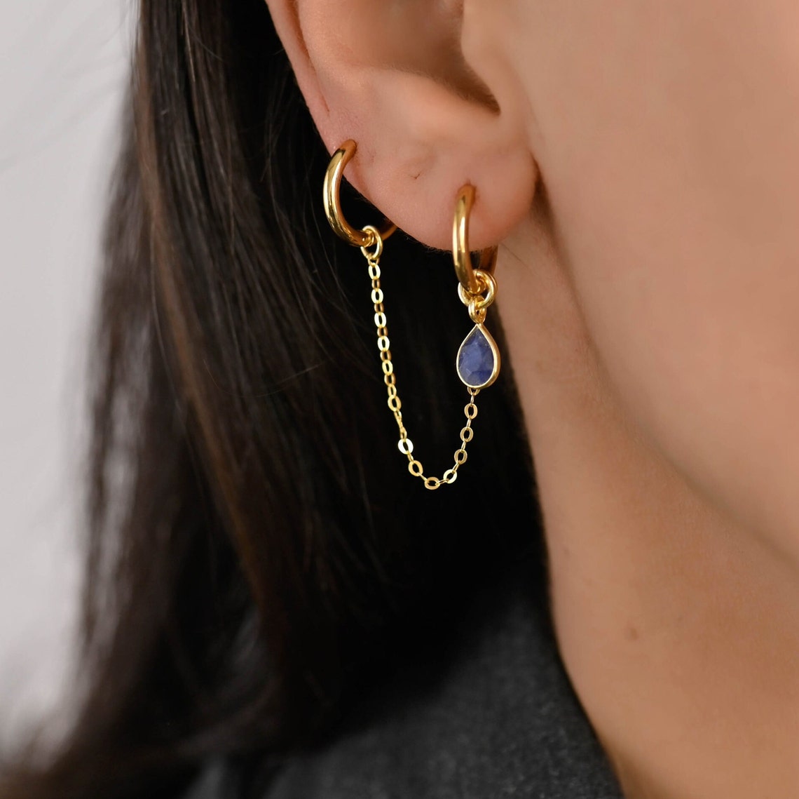 Double Lobe Multi Charm Hoops, Double Piercing Earring, Hoop Chain ...