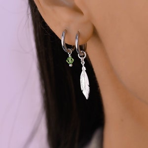 Feather Charm Mismatch Huggie Earrings Set, Hoop Earrings with charm, Mix Match Earrings, Stackable Hoops, Hoop Dangle Charm