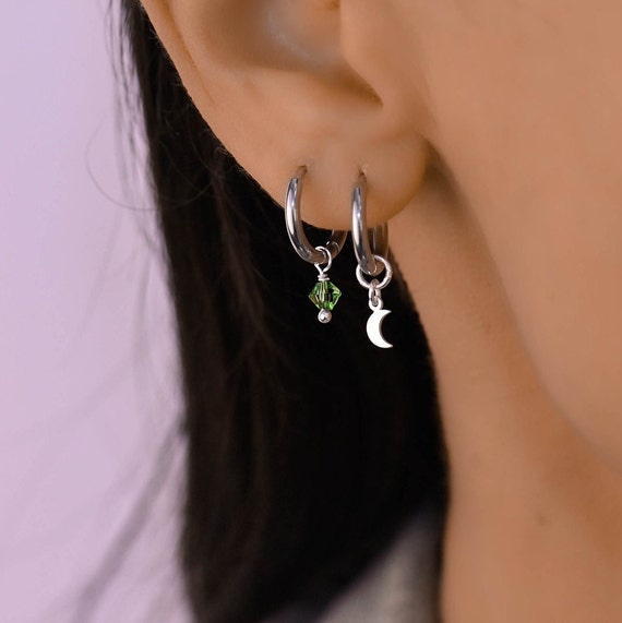 Tiny Moon Charm Mismatch Huggie Earrings Set, Hoop Earrings With