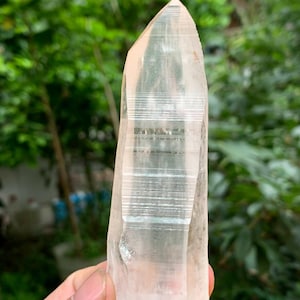 May include: A clear quartz crystal point with a natural, elongated shape. The crystal is held in a hand, with a blurred green background of foliage. The quartz has visible internal striations and a translucent appearance.