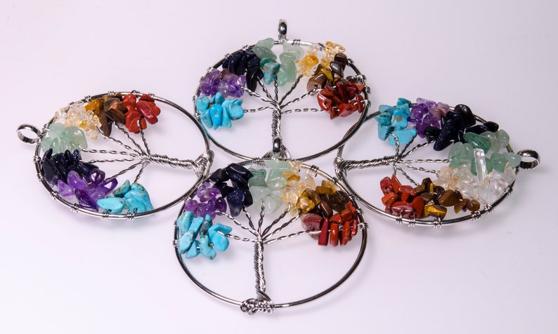 Tree Of Life-Pendant-Necklace-Earring-7 Natural Gemstone-Chip Stone Beads-Family Tree-Colorful-Natural Stone-Chakra Set-Luck Gift