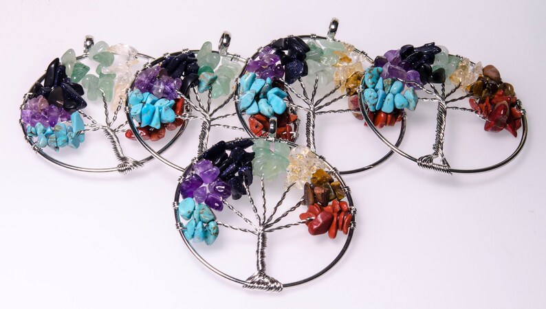 Tree Of Life-Pendant-Necklace-Earring-7 Natural Gemstone-Chip Stone Beads-Family Tree-Colorful-Natural Stone-Chakra Set-Luck Gift