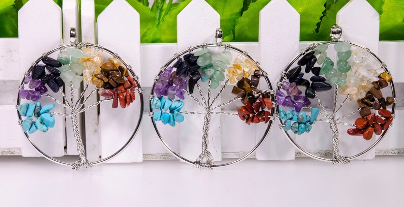 Tree Of Life-Pendant-Necklace-Earring-7 Natural Gemstone-Chip Stone Beads-Family Tree-Colorful-Natural Stone-Chakra Set-Luck Gift