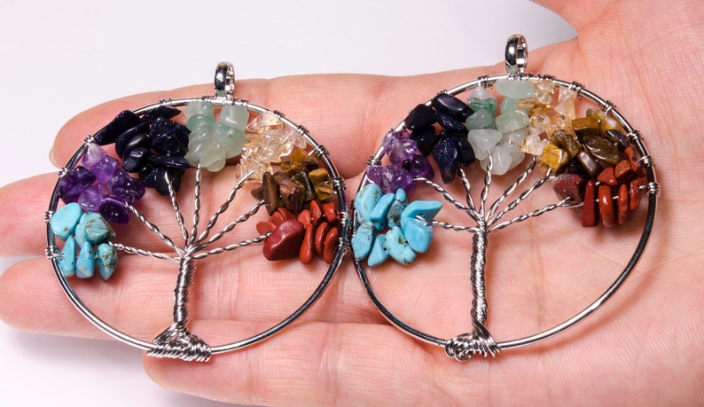 Tree Of Life-Pendant-Necklace-Earring-7 Natural Gemstone-Chip Stone Beads-Family Tree-Colorful-Natural Stone-Chakra Set-Luck Gift