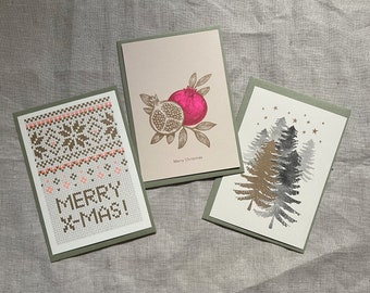 3 Christmas cards with envelope / pomegranate / MerryXMas / natural paper / printed with vegetable color