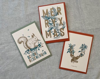 3 Christmas cards with envelope / deer / MerryXMas / natural paper / printed with vegetable paint