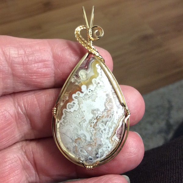 Mexican Lace/Crazy Lace Agate Pendant #88 in gold, teardrop