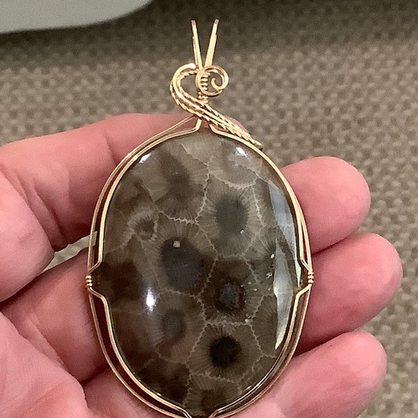 HUGE Petoskey Stone Pendant with dark eyes #362, set in gold.  Michigan state stone.  Hand-cut and polished on both sides.