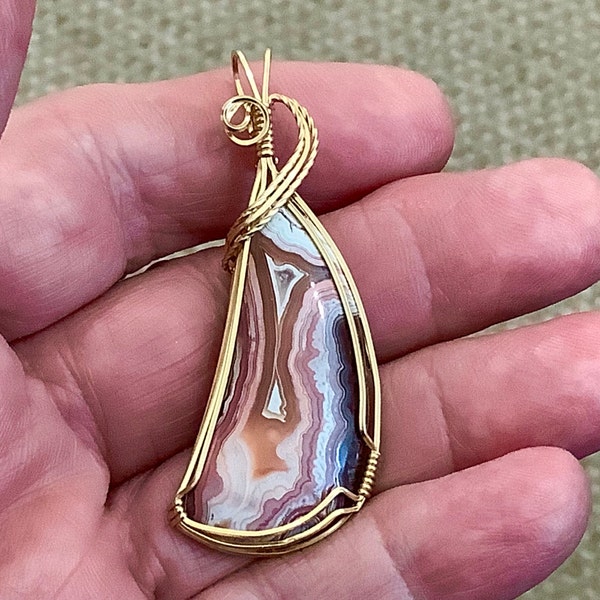 RARE PINK Mexican Lace Agate Pendant #360 aka Crazy Lace.  Rare Old stock.  Set in gold.