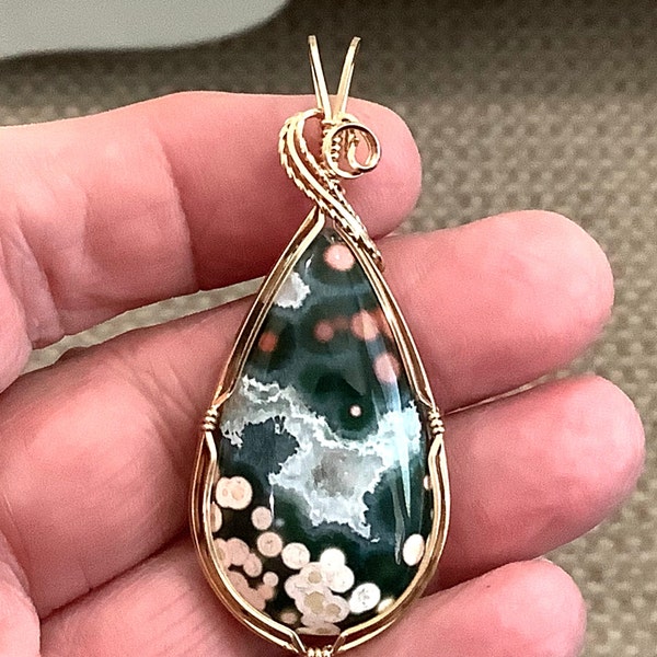 Super Rare Primo Ocean Jasper Pendant #358 with sparkling crystal pocket.  Set in gold.  Rare old stock.