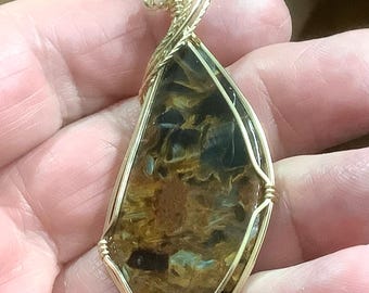 RARE AAA Pietersite pendant set in gold, highly polished, old stock.   Brown, blue, black chatoyancy.