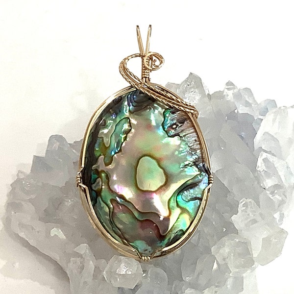 Large Double-Sided  Iridescent Abalone pendant #361 set in gold.  Abalone on the front, Mother-of-Pearl on the back.