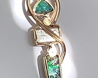Green Australian Boulder Opal & Pearl Triple Pendant.  Solid opal, natural.
