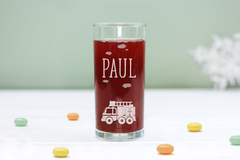 Drinking glass children#39;s glass with motif fire truck person Drinking glass children#39;s glass with motif fire truck person
