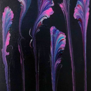 May include: Abstract painting of pink, purple, and blue flowers on a black background. The flowers are long and thin, with swirling patterns.
