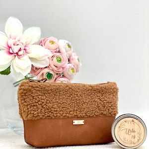 Kleine Kosmetiktasche,Teddytasche,Plüschtasche,Kosmetiktäschen,Kosmetiktasche klein,Teddyfell,Beige,Geschenk für die Freundin,Schwarz