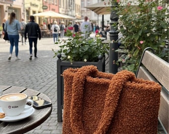 Bolso de compras Teddy marrón – Bolso de hombro mullido – Bolso grande de invierno – Acogedor y espacioso, bolso para mamá, bolso para pañales