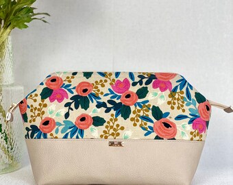 Toiletry Bag, Cosmetic Bag for Women, Makeup Bag, Large Travel Bag, Travel Companion, Vacation Bag, Cream Color, Rifle Paper Co Flower Design