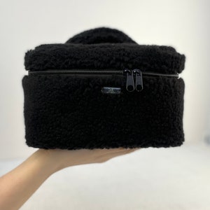 Kulturtasche,Nützliche Größe,Teddy Kosmetiktasche,Kleine Größe Kosmetikkoffer,Teddyfell,Plüschtasche,Kupfer,Beige,Schwarz
