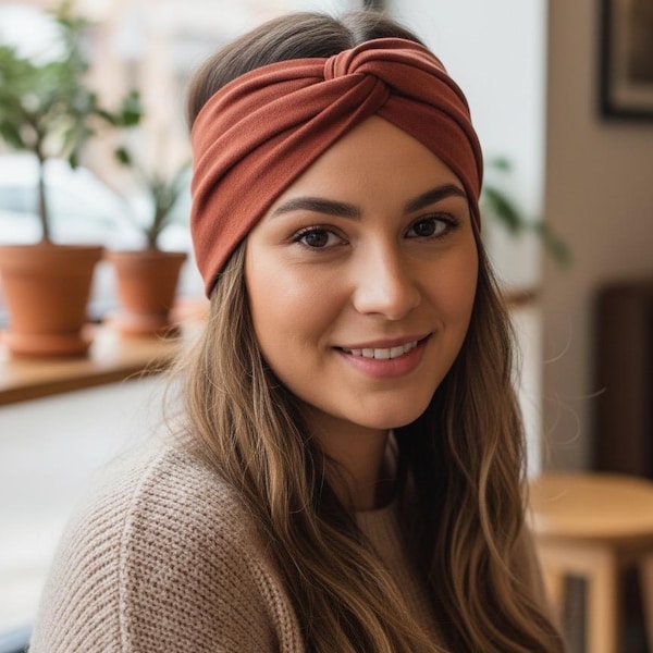 Opaska do włosów, opaska na głowę, opaska na głowę, bandeau, opaska turban, opaska wiązana, rdzawoczerwony, bawełna organiczna, melanż terakotowy