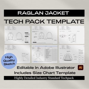 Raglan Jacket Tech Pack Template – Editable Adobe Illustrator techpack template & Google Sheets Size Chart for Fashion Designers