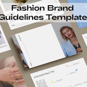 Könnte beinhalten: Eine Sammlung von Designvorlagen für eine Modemarke, die Layouts mit Bildern, Text und Farbpaletten enthält. Die Vorlagen enthalten den Text "Fashion Brand Guidelines Template" und die Logos Canva und Id.