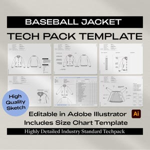 Może przedstawiać: Szablon pakietu technicznego dla kurtki bejsbolowej. Szablon zawiera wiele widoków kurtki, tabelę rozmiarów i tekst "BASEBALL JACKET TECH PACK TEMPLATE".