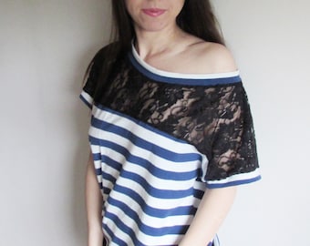 Top with lace, navy, blue, blue and white striped, Eli strips