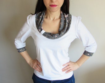 Top white with collar in grey flowers, floral, Bella