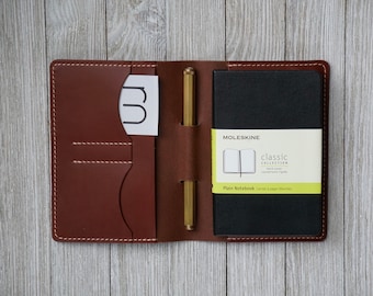 Capa Moleskine de couro feita à mão: caderno clássico 3,5 x 5,5, com alça para caneta