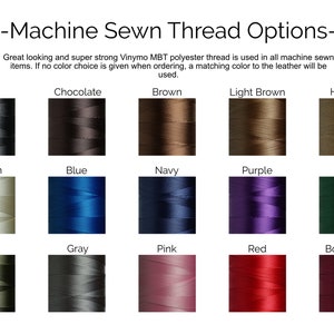 May include: A chart showing 18 different thread colors for machine sewing. The colors are: Black, Chocolate, Brown, Light Brown, Harvest, Cream, Blue, Navy, Purple, Green, Olive, Gray, Pink, Red, and Bordeaux.