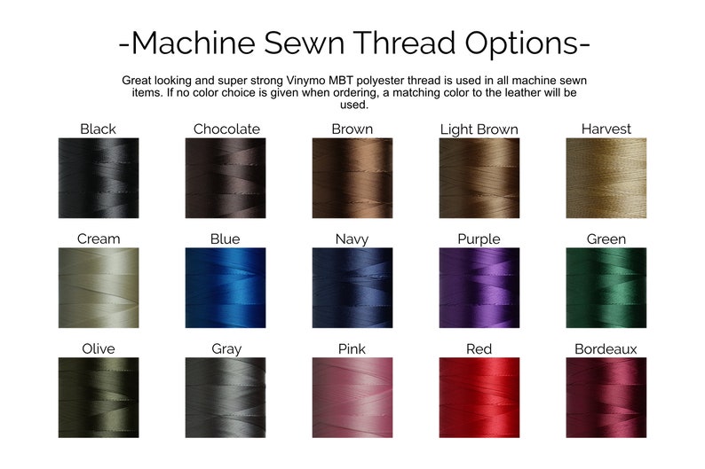 May include: A chart showing 18 different thread colors for machine sewing. The colors are: Black, Chocolate, Brown, Light Brown, Harvest, Cream, Blue, Navy, Purple, Green, Olive, Gray, Pink, Red, and Bordeaux.