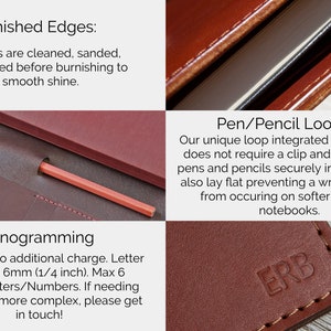 May include: A brown leather notebook cover with burnished edges, a pen/pencil loop, and a monogram option. The cover is shown with a pencil inserted in the loop. The text "ERB" is embossed on the cover.