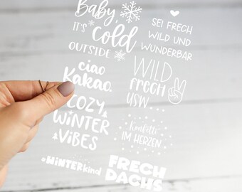 A4 Bügelbilder Bogen • Sprüche  weiß • Winter Weihnachten • Frechdachs - Ciao Kakao - Sei frech wild - Winter Vibes usw.. - Kinder Bügelbild