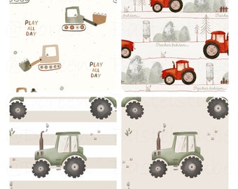 OWN PRODUCTION PRE-ORDER - Digital print - Excavator Tractor - ORGANIC French Terry / Summer Sweat or Jersey - Children's fabric farm theme for boys