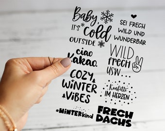 A4 Bügelbilder Bogen • Sprüche Black • Winter Weihnachten • Frechdachs - Ciao Kakao - Sei frech wild - Winter Vibes usw.. - Kinder Bügelbild