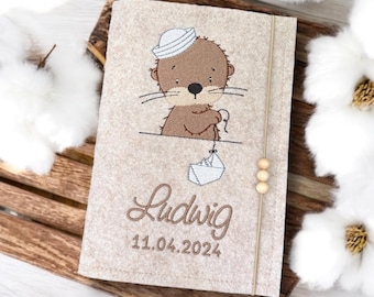 Embroidered baby record book cover • Otter with paper boat • Felt • Envelope • Baby record book cover • Baby record book cover • Baby record book • Baby record book • Personalized baby record book cover