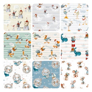 Pre-order in-house production • Ahoi Maritim - ORGANIC French Terry / summer sweat or jersey - children's fabric, whale, lighthouse, seagull, bear, rabbit, donkey