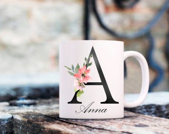 Monogramme Mug/ Mug prénom /cadeau personnalisé avec lettre initiale/ Fleurs d’aquarelle Tasse personnalisée/tasse lettre initiale florale