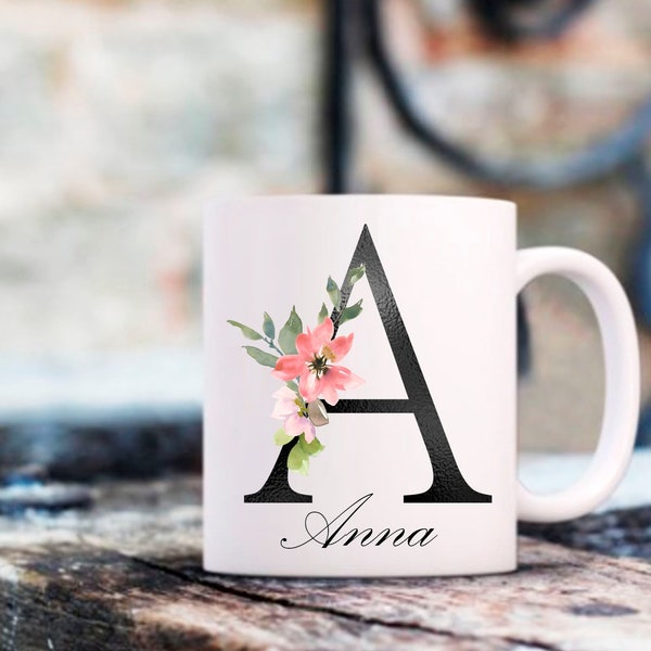 Monogramme Mug/ Mug prénom /cadeau personnalisé avec lettre initiale/ Fleurs d’aquarelle Tasse personnalisée/tasse lettre initiale florale