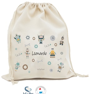 Pochon/ Sac  rangements rentrée scolaire personnalisé ,sac à doudou, affaires d'école ou sport, ROBOT