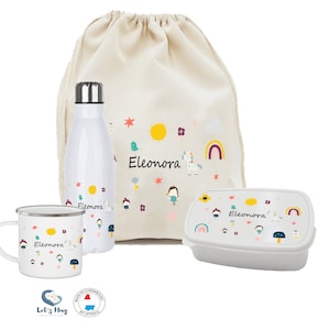 Kit enfant rentrée scolaire personnalisé FAIRY  ,Ensemble gourde et boite à goûter, pochon rangements , tasse personnalisé FÉES ,