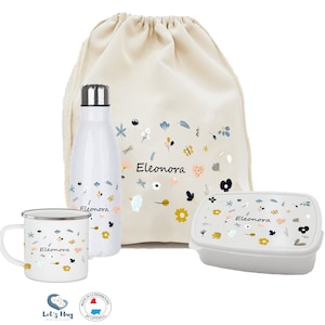 Kit enfant rentrée scolaire personnalisé FLORAL ,Ensemble gourde et boite à goûter, pochon rangements , tasse personnalisé