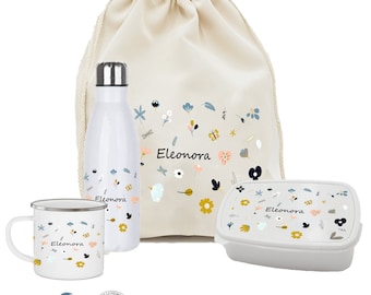 Kit enfant rentrée scolaire personnalisé FLORAL ,Ensemble gourde et boite à goûter, pochon rangements , tasse personnalisé