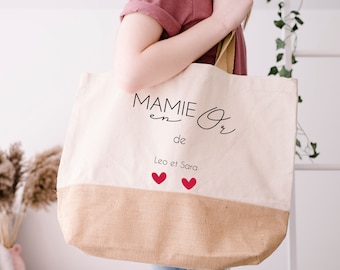 Grande Sac jute à personnaliser Mamie en Or - anniversaire mamie - Cadeau mamie - fête des grands mères, annonce grossesse mamie