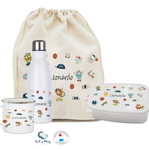 Kit enfant rentrée scolaire personnalisé MONSTER  ,Ensemble gourde et boite à goûter, pochon rangements , tasse personnalisé