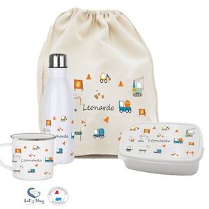 Kit enfant rentrée scolaire personnalisé DIGGERS  ,Ensemble gourde et boite à goûter, pochon rangements , tasse personnalisé