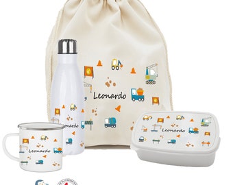 Kit enfant rentrée scolaire personnalisé DIGGERS  ,Ensemble gourde et boite à goûter, pochon rangements , tasse personnalisé